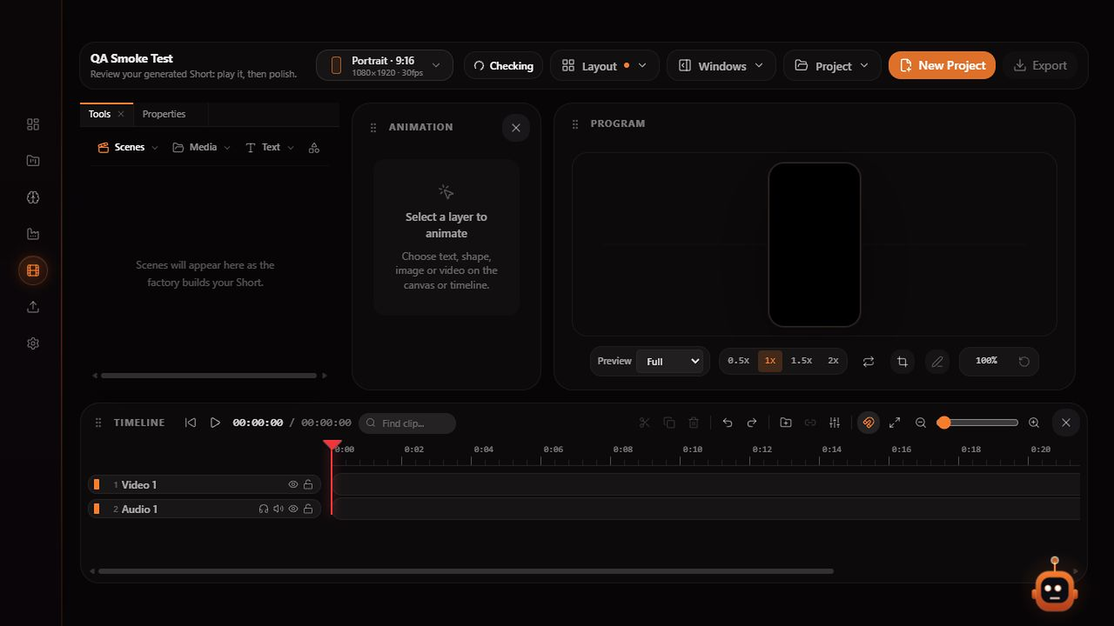 Stryde video editor with scene tools, a program preview, properties panel and separate video, narration and caption tracks